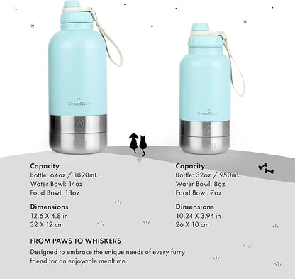 GrandTies Insulated Portable Dog Water Bottle with 2 Detachable Water Bowl Dispenser | Leak-Proof Dog Food Travel Container | Accessories for Dogs Walking, Hiking, Camping (32oz, Powder Green)