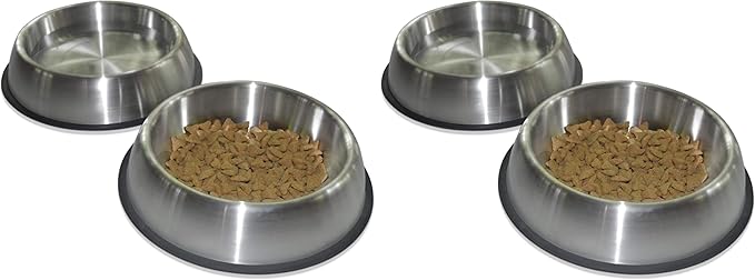 PetFusion Premium Brushed Anti-Tip Dog & Cat Bowls (Set of 2 Bowls). Food Grade Stainless Steel. Bonded Silicone Ring for Traction, Metallic, 32 oz (Pack of 2)