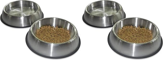 PetFusion Premium Brushed Anti-Tip Dog & Cat Bowls (Set of 2 Bowls). Food Grade Stainless Steel. Bonded Silicone Ring for Traction, Metallic, 32 oz (Pack of 2)