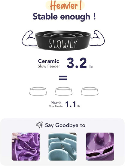 Slow Feeder Dog Bowl - 1.5 Cups Ceramic Puzzle Feeder for Small & Medium Breeds, Maze Design Pet Dish for Puppy & Fast Eaters, Black Non-Slip Bowl to Control Eating Speed