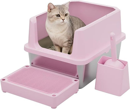 RIZZARI Cat Litter Box: Pink Stainless Steel Odor Control Pan - Easy Clean Non-Porous - 11.6" High Sides Anti-Scatter - Open Top for Fast Scooping - with Scoop - Apartment Bathroom/Laundry Room
