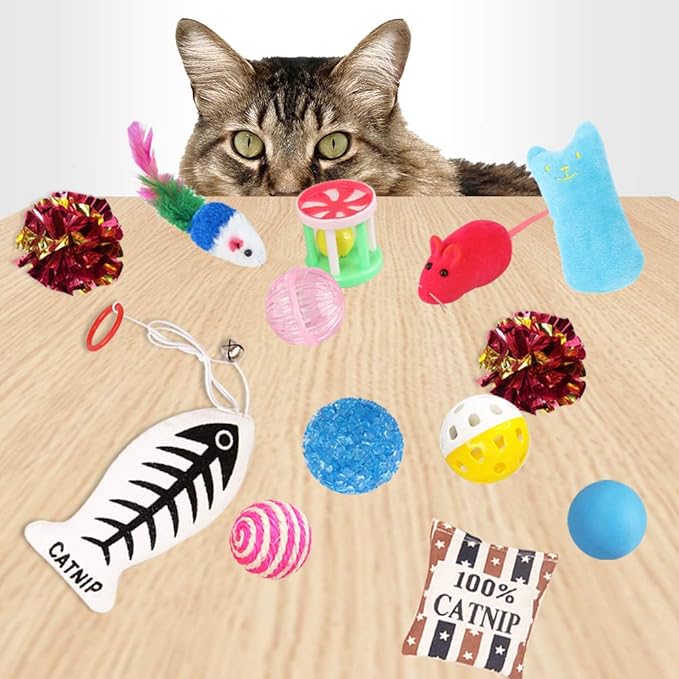 Cat Toys Variety Pack for Kitty 20 Pieces,Variety Cat Toy Set Including Cat Feather Teaser,Catnip Fish,Mice,Colorful Balls and Bells for Cat,Cat Birthday Gifts