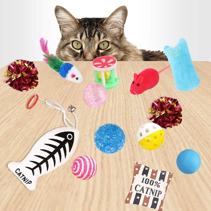 Cat Toys Variety Pack for Kitty 20 Pieces,Variety Cat Toy Set Including Cat Feather Teaser,Catnip Fish,Mice,Colorful Balls and Bells for Cat,Cat Birthday Gifts