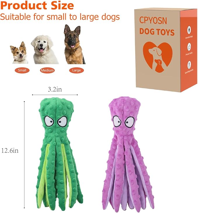 Dog Squeaky Toys Octopus - No Stuffing Crinkle Plush Dog Toys for Puppy Teething, Durable Interactive Dog Chew Toys for Small, Medium and Large Dogs Training and Reduce Boredom, 2 Pack