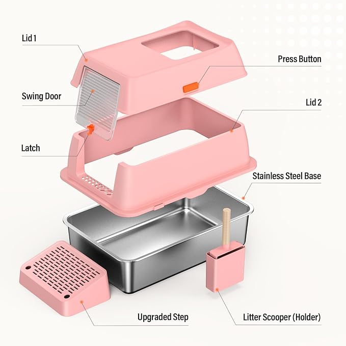 Removable Stainless Steel Cat Litter Box with lid, Front & Top Entry Kitty LitterBox，Cat Litter Box Enclosure, XL Extra Large High-Sided Metal Cat Box with Scoop, Mat, Footboard (Pink)