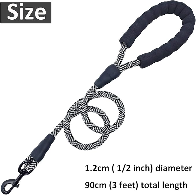 MayPaw Heavy Duty Rope Dog Leash, 3/4/5/6/7/8/10/12/15/20FT Nylon Pet Leash, Soft Padded Handle Thick Lead Leashes for Large Medium Dogs (Black, 1/2" * 3')