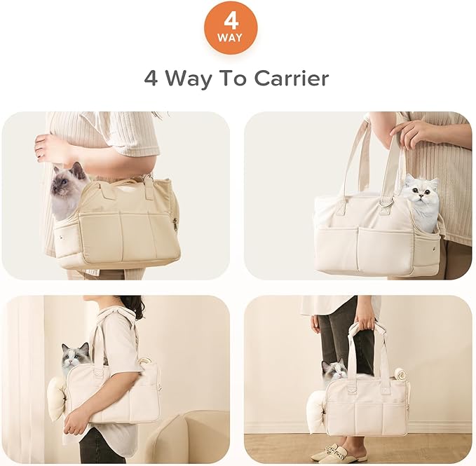 Dog Purse Carrier for Small Dogs & Puppies Up 10 Lbs, Soft Cotton Tote Pet Shoulder Bag with Pockets, Foldable & Washable Breathable Puppy Carrier for Yorkie, Chihuahua & Cats - Beige