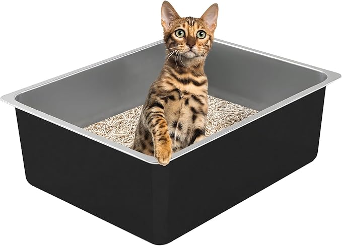 Stainless Steel Cat Litter Box - Metal Medium to Large High Sided Litter Pan Tray, Easy to Clean No Stick No Smell Litter Box Toilet for Indoor Kitty, Kitten (Black, 17.7" x13.8" x6")