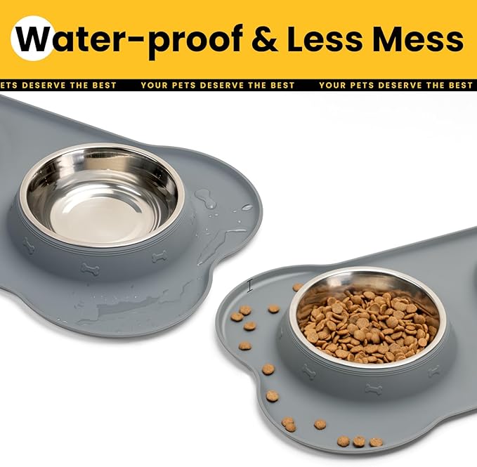 Medium Pet Feeding Station, 29oz Stainless Steel Dog Bowls Set, No Spill Food & Water Dishes with Non Slip Silicone Mat for Breeds Up to 55 Lbs, Grey