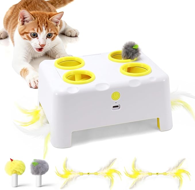 Cheese Box Interactive Cat Toy for Indoor Cats, 3-in-1 Whack a Mole Feather Toy, 3 Modes Rechargeable Auto Cat Toys for Bored Cats, 4 Holes Kitten Toy, 4 Accessories (White)