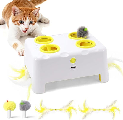 Cheese Box Interactive Cat Toy for Indoor Cats, 3-in-1 Whack a Mole Feather Toy, 3 Modes Rechargeable Auto Cat Toys for Bored Cats, 4 Holes Kitten Toy, 4 Accessories (White)