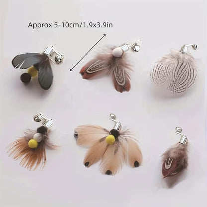 Cat Insect Feather Toy Wand Replacement,Cat Toys Feather Refills,Set of 6 Replacement Heads with Bells,Natural Feather Interactive Cat Toys (Style A)