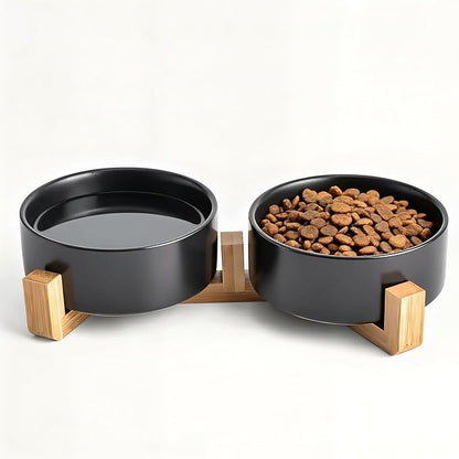 Kimdio Ceramic Dog Bowls with Wood Stand, 13.5OZ Pet Bowls Set of 2 for Medium Small Dogs and Cats - Non-Slip Base Cute Pet Food & Water Basic Bowls Glaze Matte-Black