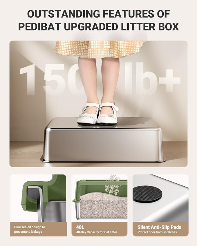 XL Stainless Steel Litter Box, Large Metal Cat Litter Box with High Sided for Big Cats, Enclosed Litter Boxes with Lid, Easy-Clean Cat Litter Mat & Scoop Kit, Non Sticky, Anti-Urine Leakage