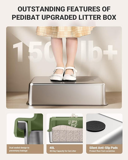 XL Stainless Steel Litter Box, Large Metal Cat Litter Box with High Sided for Big Cats, Enclosed Litter Boxes with Lid, Easy-Clean Cat Litter Mat & Scoop Kit, Non Sticky, Anti-Urine Leakage