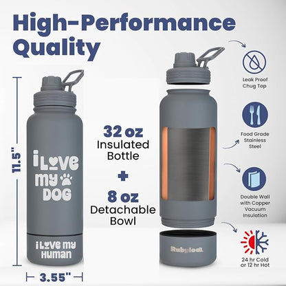 Dog Water Bottle for Dog Lovers - 32 oz Stainless Steel Double Wall Insulated Water Bottle with 8 oz Detachable Bowl on Bottom- Ideal Doggy Lover Gift for Hiking, Walking, Travel - “Love" Smoky Grey