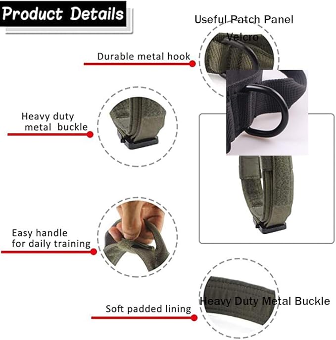 Xqpetlihai Tactical Dog Collar and Leash Set Adjustable Military Nylon Dog Collar with Control Handle and Heavy Duty Metal Buckle for Large Dogs（Green XL