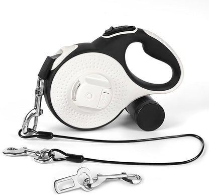26ft Heavy Duty Retractable Dog Leash for Large Dogs, Dog Leash with Poop Bag Holder, Up to 100lbs, with LED Light, Chew Proof Cable, One-Handed Pause & Lock, 360° No Tangle. (White, 26Ft)