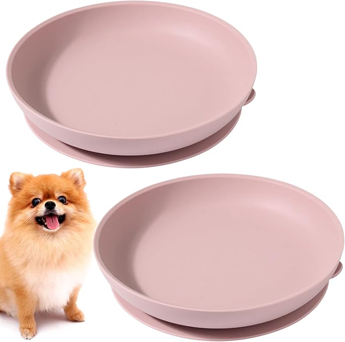 Silicone Dog Bowl Set of 2 No Spill Puppy Food & Water Dish Less Mess Cat Dry Food Plates with Suction Cup Non-Tippable Feeding Wet Food Bowls for Small & Medium-Sized Pets (Round Pink)