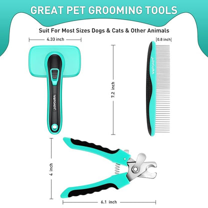 Dog Brush - 3 Pcs Self Cleaning Slicker Brush & Nail Clippers & Pet Comb for Dogs,Cats and Horses, Skin Friendly Deshedding Grooming Tool whit Short Long Haired Pets
