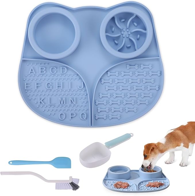 Silicone Slow Feeder Dog Bowls & Cat Bowls, 2 Cups Small Pet Food Bowl with Non-Slip Suction Base, Food-Grade Safe Puzzle Feeder for Small & Medium Dogs & Indoor Cats (Bowl & Lick Mat (Blue))