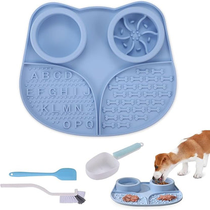 Silicone Slow Feeder Dog Bowls & Cat Bowls, 2 Cups Small Pet Food Bowl with Non-Slip Suction Base, Food-Grade Safe Puzzle Feeder for Small & Medium Dogs & Indoor Cats (Bowl & Lick Mat (Blue))