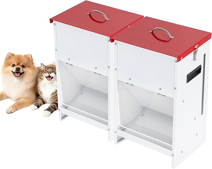 2-Pack Metal Automatic Dog Feeder - 15LBS Food Capacity Automatic Gravity Dispenser, Powder Coated & Waterproof for Indoor & Outdoor Use, 10.2" L x 8.3" W x 19" H, Red and White