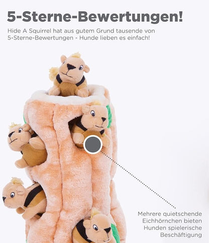 Outward Hound Hide-A-Squirrel Dog Toy – Interactive 2‑in‑1 Plush Puzzle with 3 Squeaky Removable Squirrels, Medium