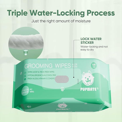 Pet Wipes for Dogs & Cats, Extra Moist & Thick Grooming Puppy Wipes with 300 Fresh Counts, Aloe Vera/Nature (3 Pack)