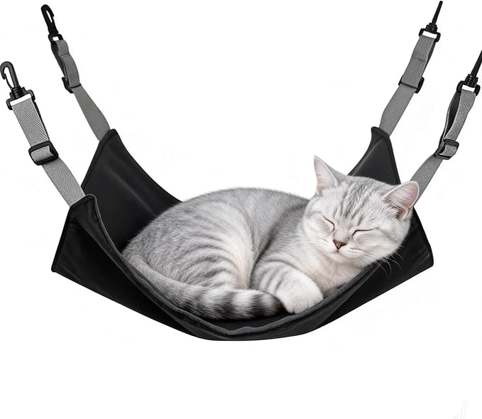 Adjustable Cage Hanging Cat Hammock, 4-Season 2-Sided Bed, Adjustable Waterproof Washable Cooling Mat for Large Kittens,Small Dogs & Rabbits (Black)
