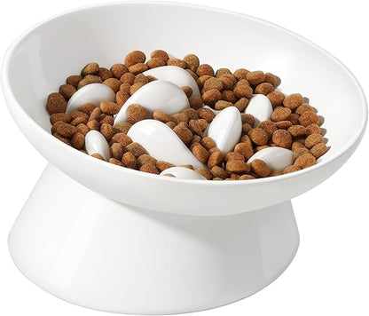 PETTOM Slow Feeder Cat Bowl, Ceramic Raised Cat Slow Feeder Bowl, Elevated, Anti Vomiting for Dry and Wet Food, White (1 Pack)