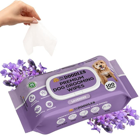 We Love Doodles Dog Wipes - Deodorizing & Cleaning Pet Wipes, for Coat, Face, Paws, Butt, & Body, Dog Essentials & Grooming Supplies, Made in USA, Lavender (100 Count)