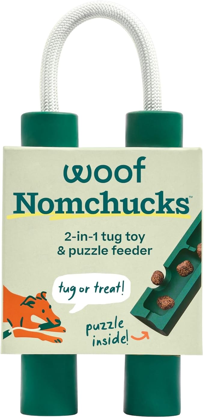 WOOF Nomchucks - Dual Puzzle Feeder Enrichment Dog Toy and Tug Toy with 3 Interactive Zones - Designed with Long-Lasting Nylon Rope and Natural Rubber - Pairs Puzzle Treats