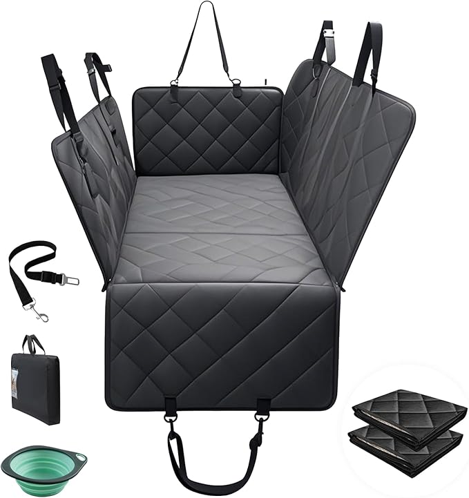ISAGAPOY Back Seat Extender for Dogs - Hard Bottom Pet Car Seat Cover (Holds 400lbs) with Removable Soft Blankets & Travel Portable Dog Bowl, Waterproof Dog Hammock for Car, SUV
