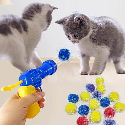 30 Pieces Sparkle Pom Pom Balls with Cat Toy Launcher - Asorted Colors Interactive Glitter Ball for Indoor Play 1.2 Inches Pompoms Thrower Best as Kitten Toys for Excercise and Entertainment.