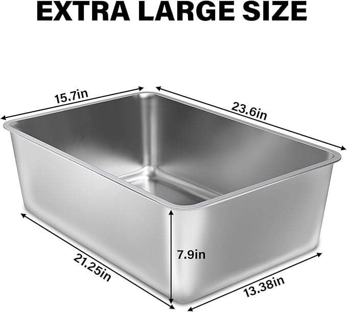Stainless Steel Cat Litter Box, 23.6"x15.8"x8" XXL Stainless Steel Litter Box 8 inch Deep, Extra Large Metal Litterbox for Big Cats, Non Stick Surface, Easy to Clean, High Sided