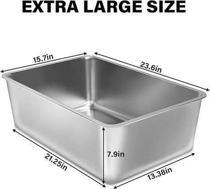 Stainless Steel Cat Litter Box, 23.6"x15.8"x8" XXL Stainless Steel Litter Box 8 inch Deep, Extra Large Metal Litterbox for Big Cats, Non Stick Surface, Easy to Clean, High Sided