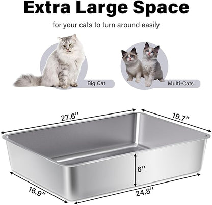 Stainless Steel Litter Box, 28" X 20" X 6" Steel Litter Box XXXL No Smell, Extra Large Metal Litterbox for Big Cat, Multiple Cats, Non Stick, Easy Cleaning