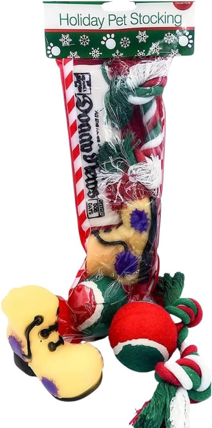 Christmas Dog Stocking Toys. Pack Assorted with Squeaker Inside of Newspaper Toy, Squeaky Boot, a red, Green & White Tennis Ball & red White & Green Knotted Rope Xmas Toy. Small Medium Large Breeds