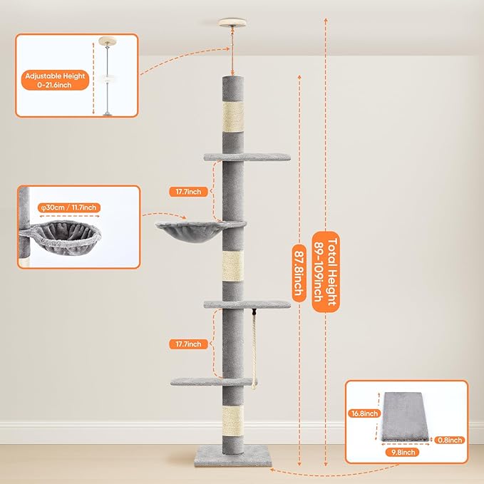 Cat Tree 5-Tier Floor to Ceiling Cat Tree 89-109 Inch, Adjustable Height Cat Tower, Cozy Hammock and Sisal Scratch Post, Provides Vertical Enrichment for Jumping Climbing, Grey