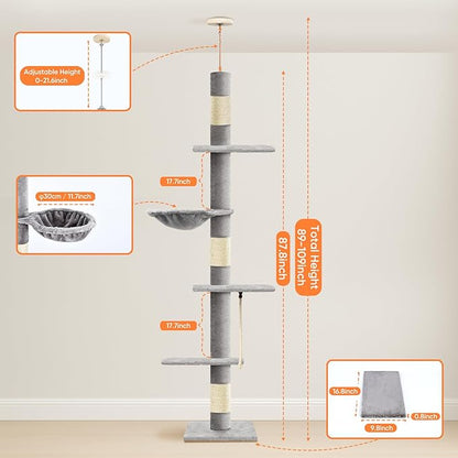 Cat Tree 5-Tier Floor to Ceiling Cat Tree 89-109 Inch, Adjustable Height Cat Tower, Cozy Hammock and Sisal Scratch Post, Provides Vertical Enrichment for Jumping Climbing, Grey