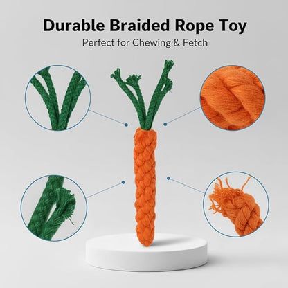 Cotton Rope Dog/Cat Toy, Handmade Braided Carrot Shape Chew Toy, Orange with Green Leaves, 8.66 Inch Length, Durable Pet Dental Toy, (1 Piece Set)
