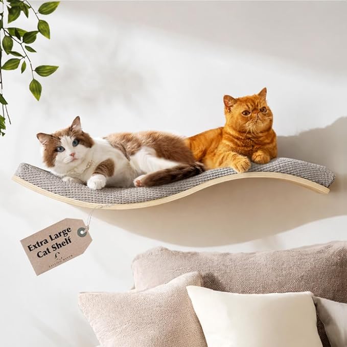 Extra Large 35.4” × 11.6” Stylish Cat Wall Shelves with Soft Cushion, Modern Wall-Mounted Cat Tree Furniture & Perch, Sturdy/Hidden Mounts, Machine Wash Cover, Sleek Design- CALLICO HAVEN Wave S-Shape