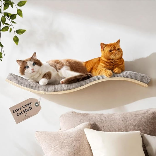 Extra Large 35.4” × 11.6” Stylish Cat Wall Shelves with Soft Cushion, Modern Wall-Mounted Cat Tree Furniture & Perch, Sturdy/Hidden Mounts, Machine Wash Cover, Sleek Design- CALLICO HAVEN Wave S-Shape