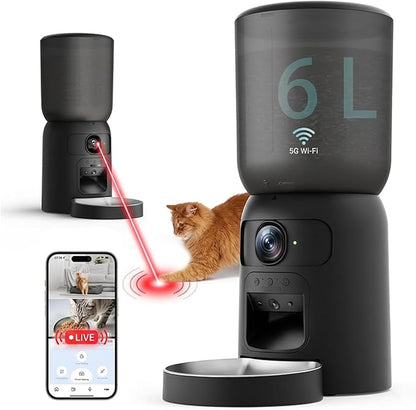 Smart Pet Feeder with 2K Dual Camera & AI Recognition, 6L Automatic Cat Dog Feeder with App Control, 2.4G/5G WiFi, Voice Message, Pet Interaction, Motion Tracking, No Clog, Dual Power, for Multi-Pet