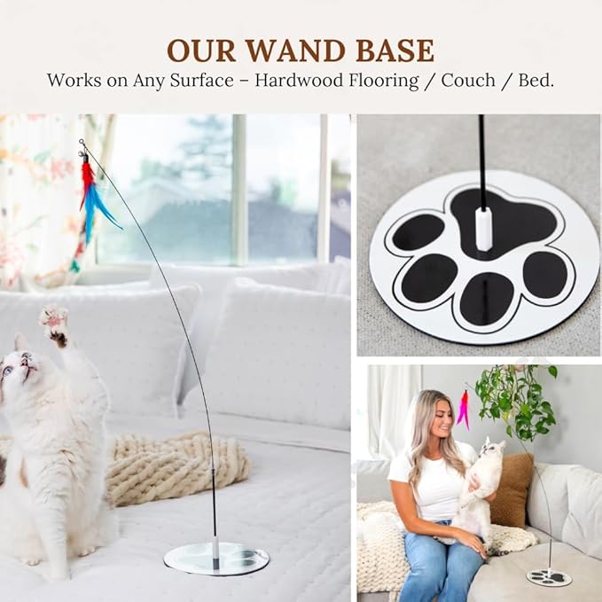 Interactive Cat Toys for Indoor Cats - 6 Feathers 3 Worms Double Sided Suction Cup - Round Base Teaser Wand - Self Play Bird Hunting - Bored Adult Feline Solo Activity - Kitten Juguetes para Gatos