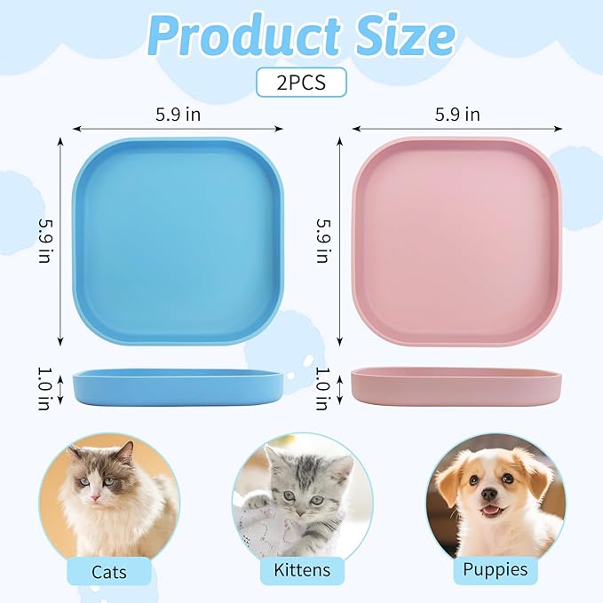 Fhiny 2PCS Silicone Cat Bowls Set 5.9 x 5.9 in Shallow Dog Dish Whisker Friendly Cat Food Plate for Dry & Wet Food Dishwasher Safe Non-Slip Pet Feeding Bowls for Kittens and Puppies (Blue+Pink)