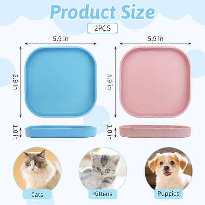Fhiny 2PCS Silicone Cat Bowls Set 5.9 x 5.9 in Shallow Dog Dish Whisker Friendly Cat Food Plate for Dry & Wet Food Dishwasher Safe Non-Slip Pet Feeding Bowls for Kittens and Puppies (Blue+Pink)