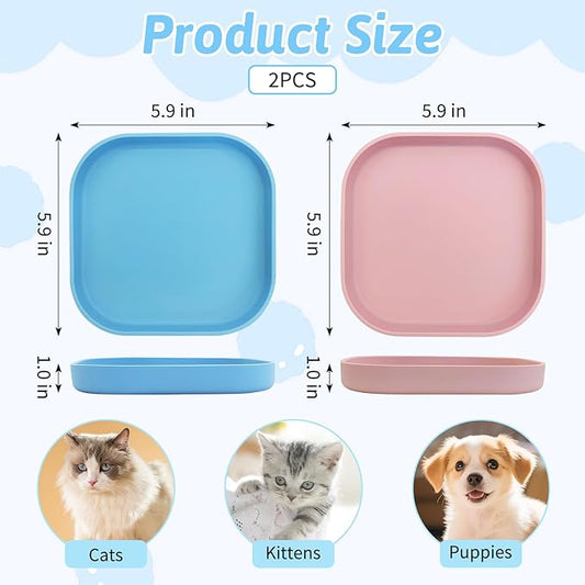 Fhiny 2PCS Silicone Cat Bowls Set 5.9 x 5.9 in Shallow Dog Dish Whisker Friendly Cat Food Plate for Dry & Wet Food Dishwasher Safe Non-Slip Pet Feeding Bowls for Kittens and Puppies (Blue+Pink)