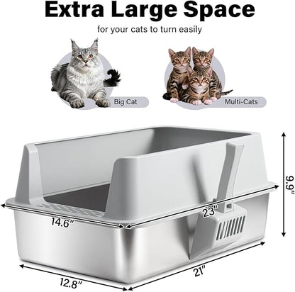 Stainless Steel Litter Box, XL Metal Cat Litter Box with Lid, Extra Large Cat Litter Boxes for Big Cats with High Sides, Leak Proof, Easy to Clean, No Stick, Odor Control, Include Scoop and Mat